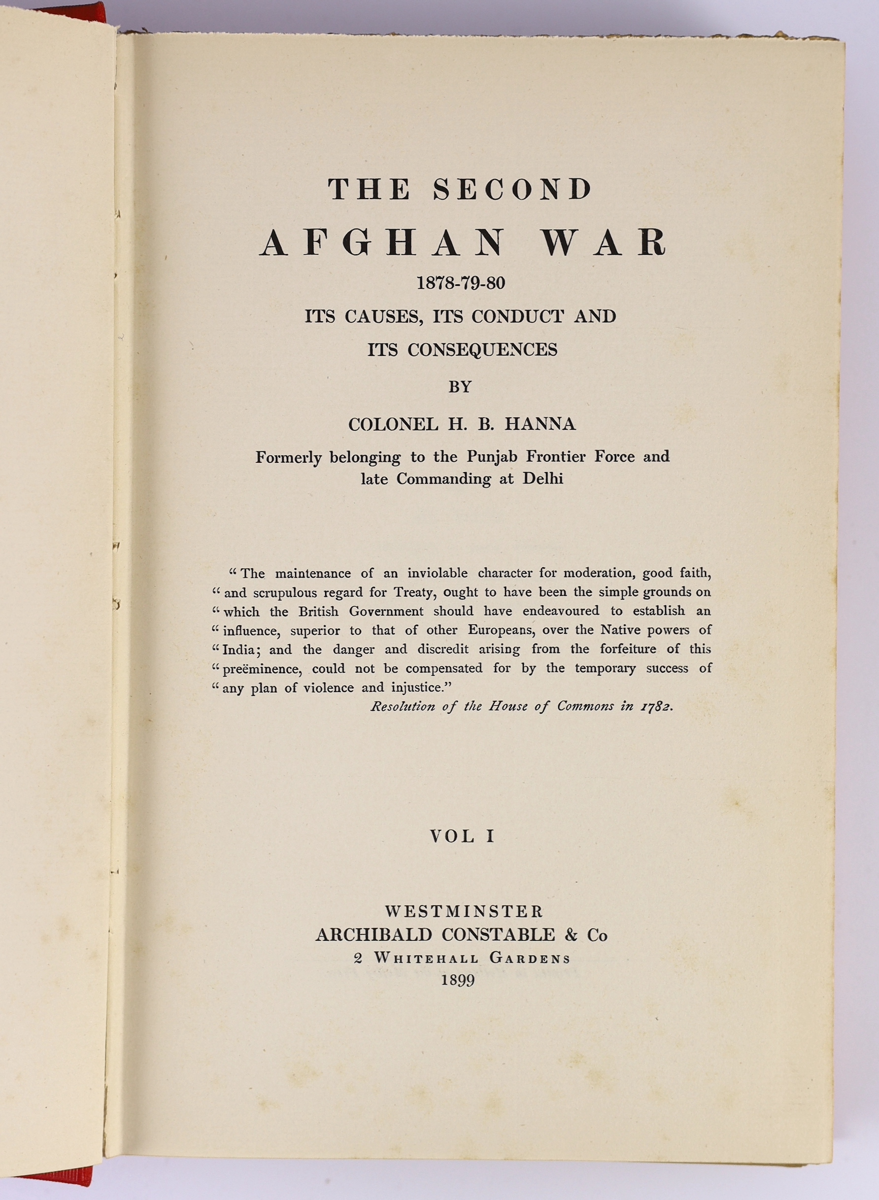 Hanna, Col. H.B. - The Second Afghan War....its causes, its conduct and its consequences. 2 vols. 3 folded maps; publisher's gilt cloth (almost entirely unopened). 1899-1904